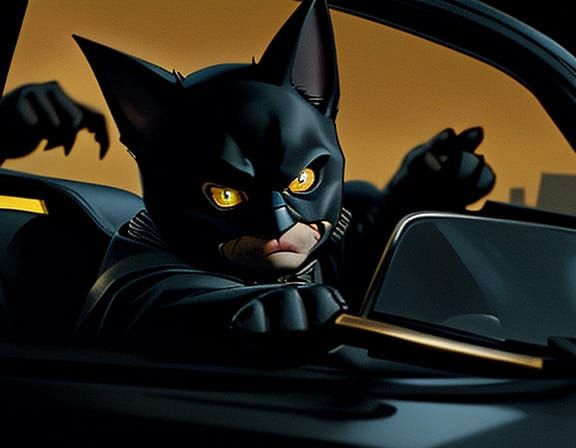 Batman Cat Drives Batmobile in Film Noir Style