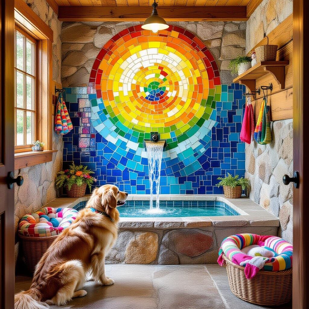 Whimsical Dog Mudroom with Waterfall Feature