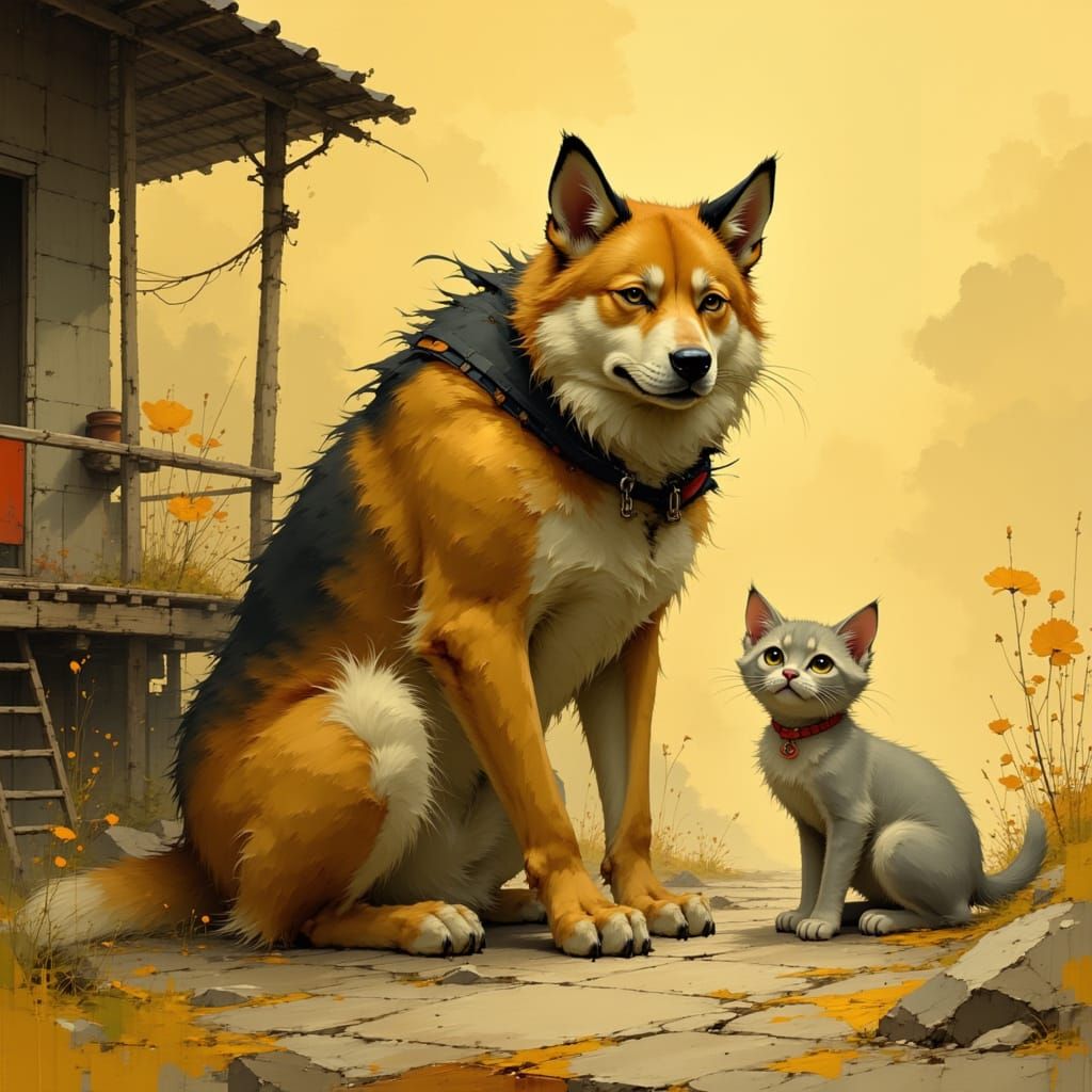 Muscle Dog Snuggles Kitten in Whimsical Cozy Scene