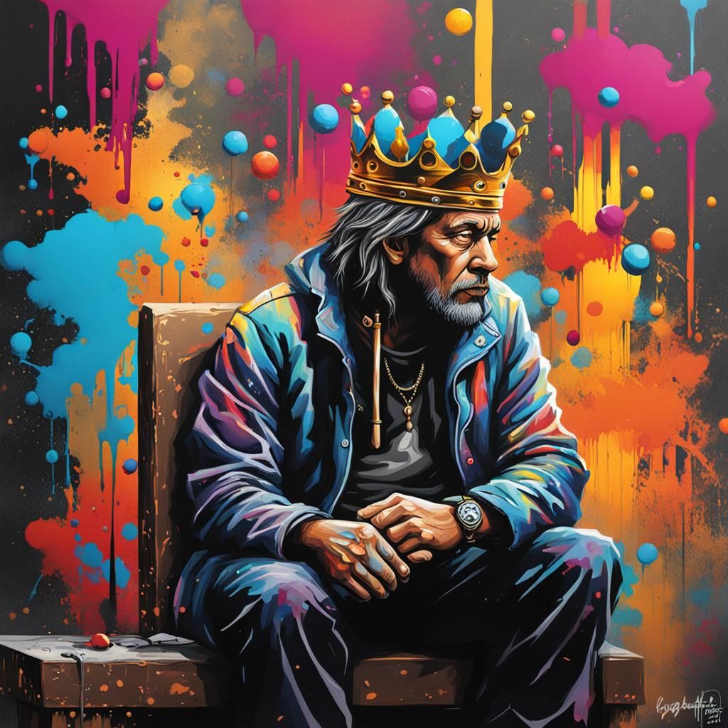 King Pondering Strategy in Graffiti Art Style