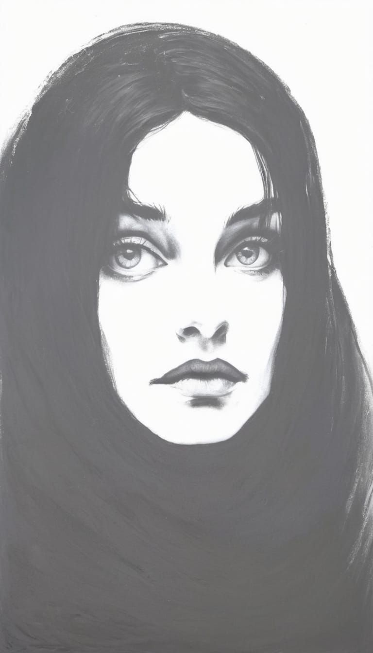 Sad Gothgirl Portrait in Minimalist Impasto Style