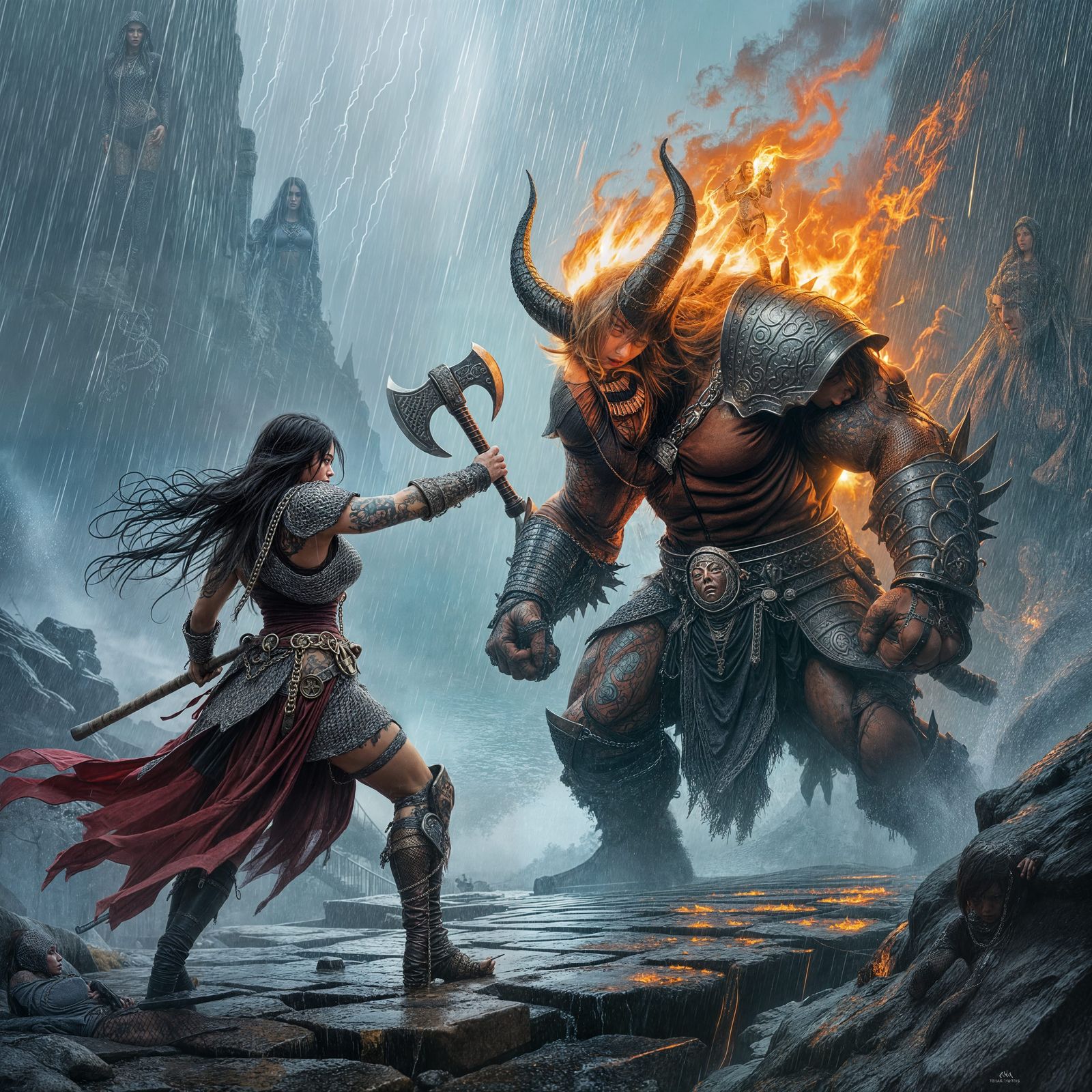 Warrior Woman Confronts Demon in Rain, Dark Fantasy Art