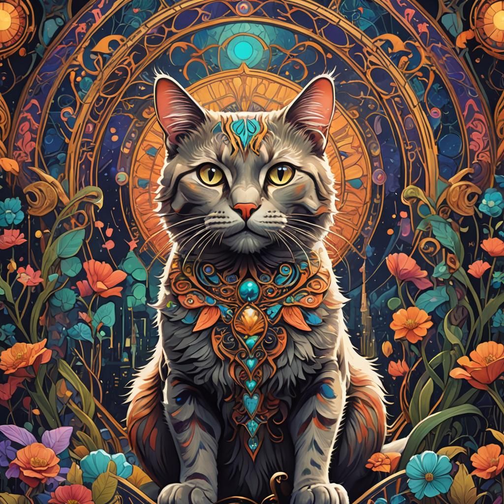 Stylish Psychedelic Art Nouveau Cat