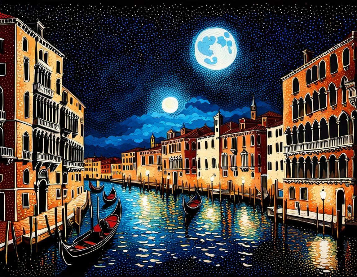 Romantic Venice Night Scene in Pointillism Style