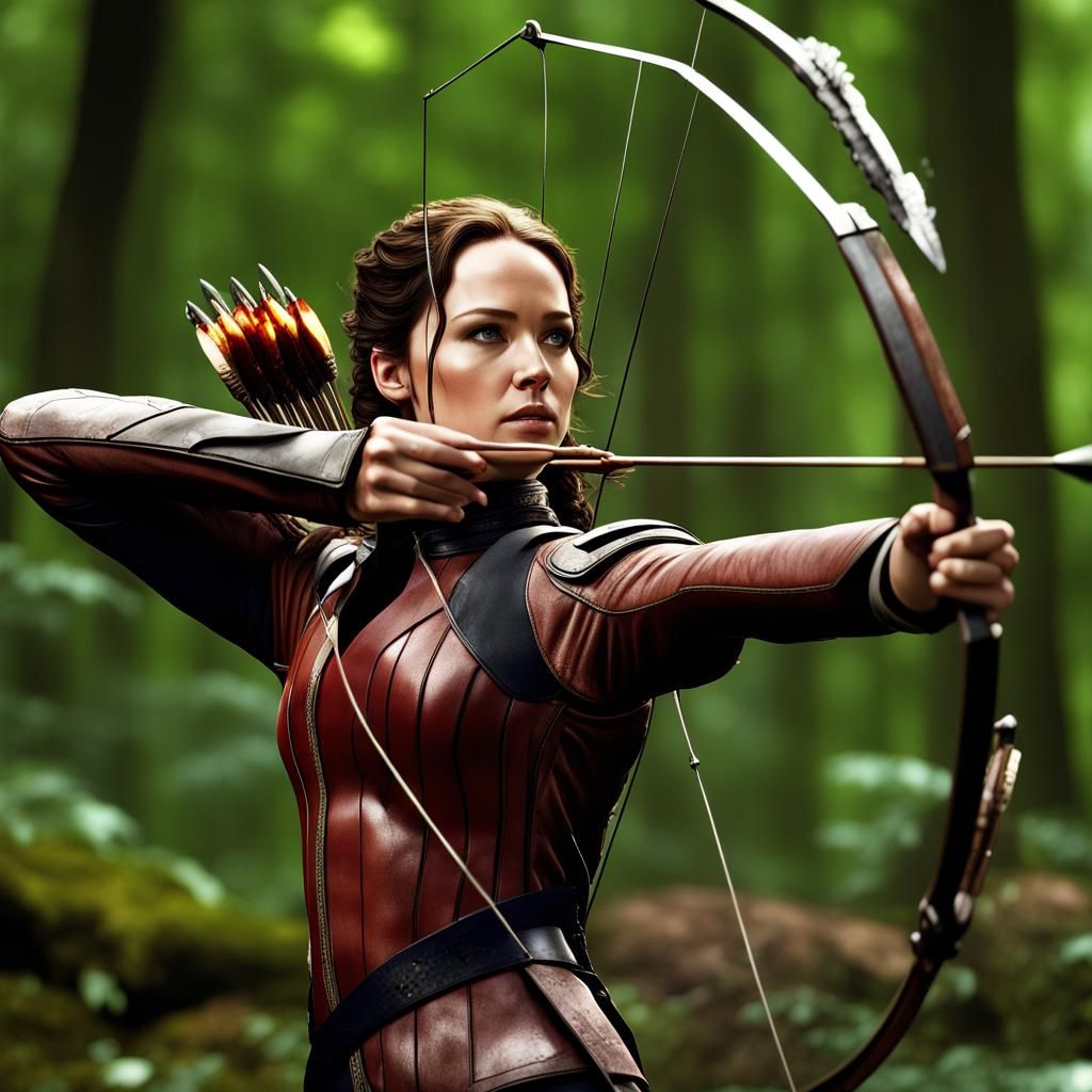 Katniss Everdeen Shooting Arrow: Detailed Fantasy Art