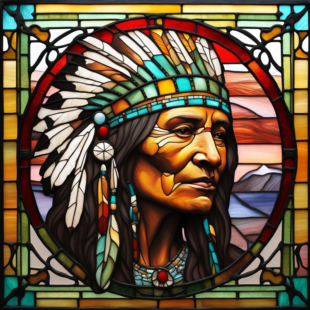 Native American Stained Glass Art with Wildlife