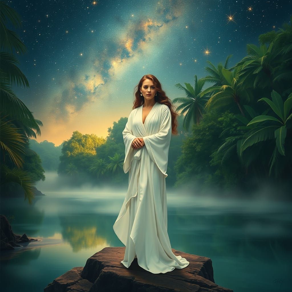 Ethereal Woman in Jungle Lake, Art Nouveau Style