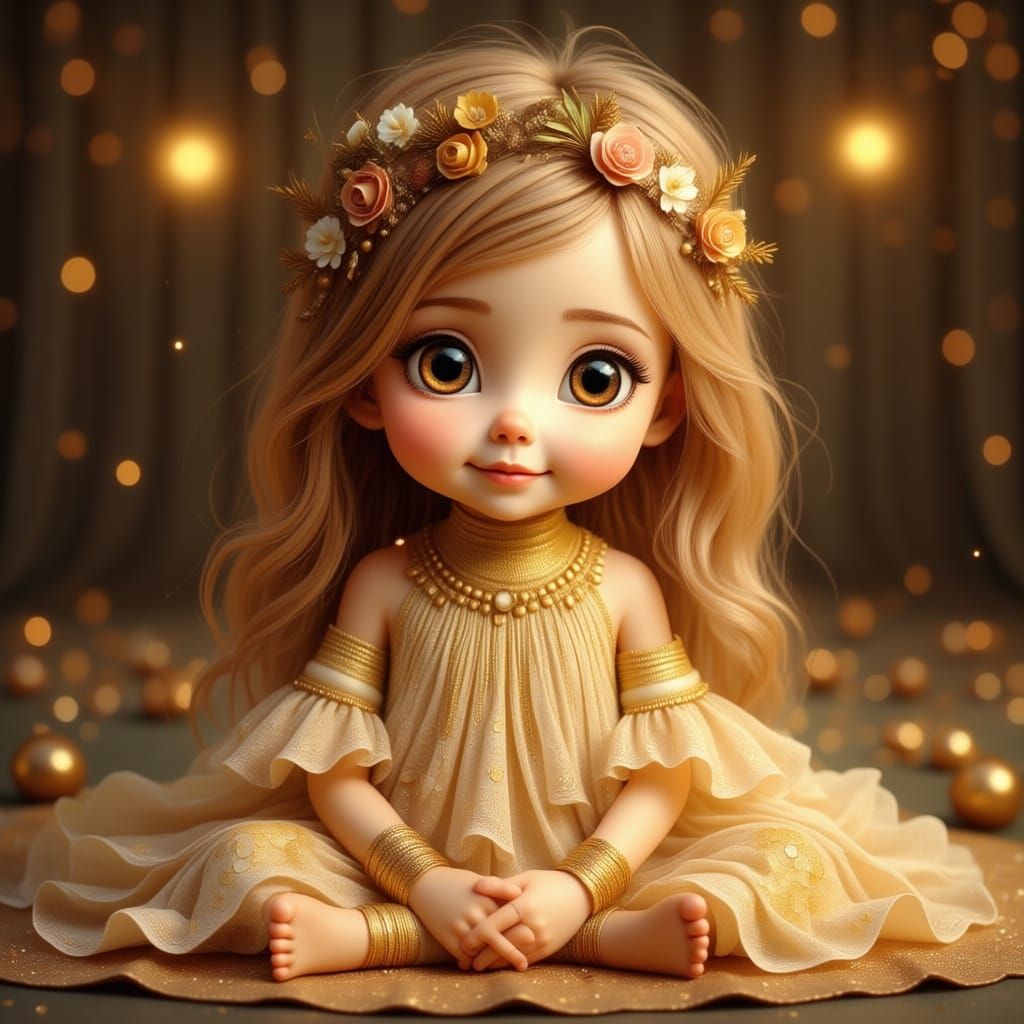 Toddler in Gold Dress with Lace and Ruffles