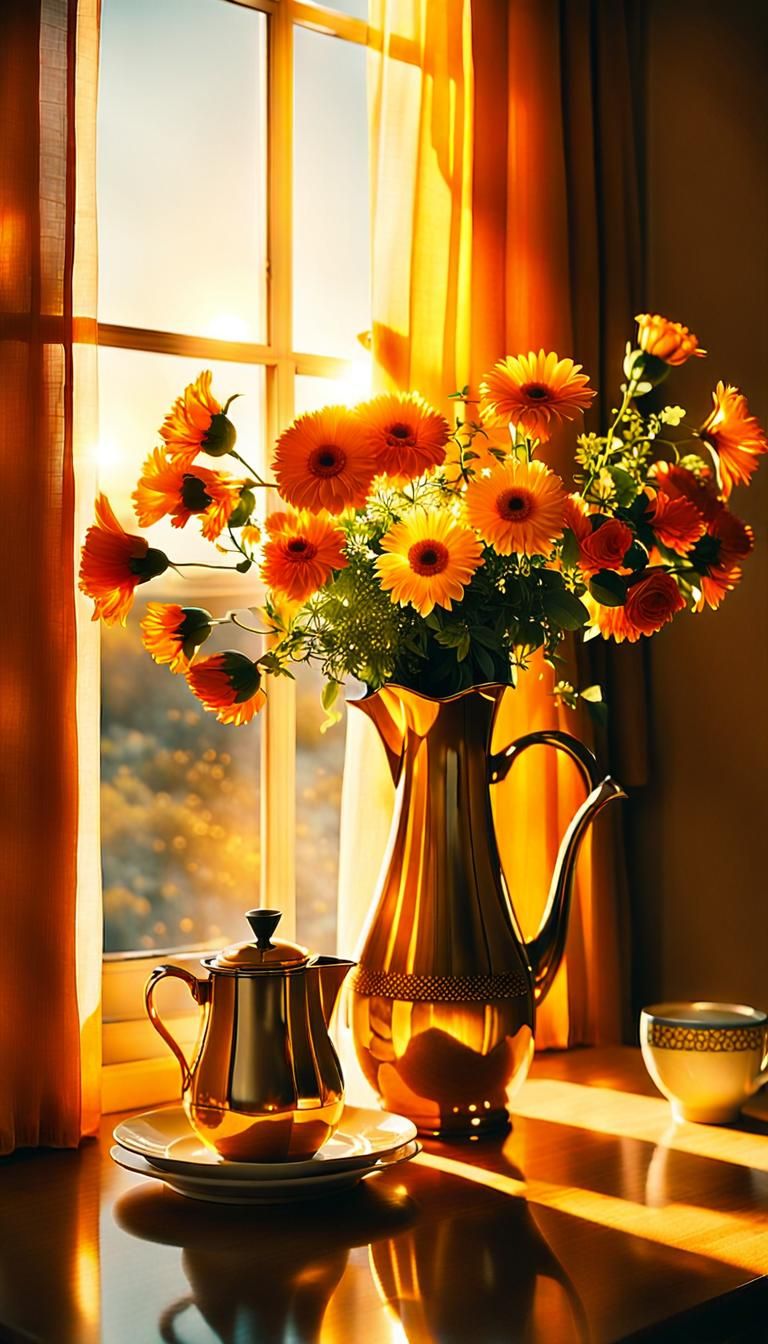 Golden Light Still Life with Coffee Pot and Flowers