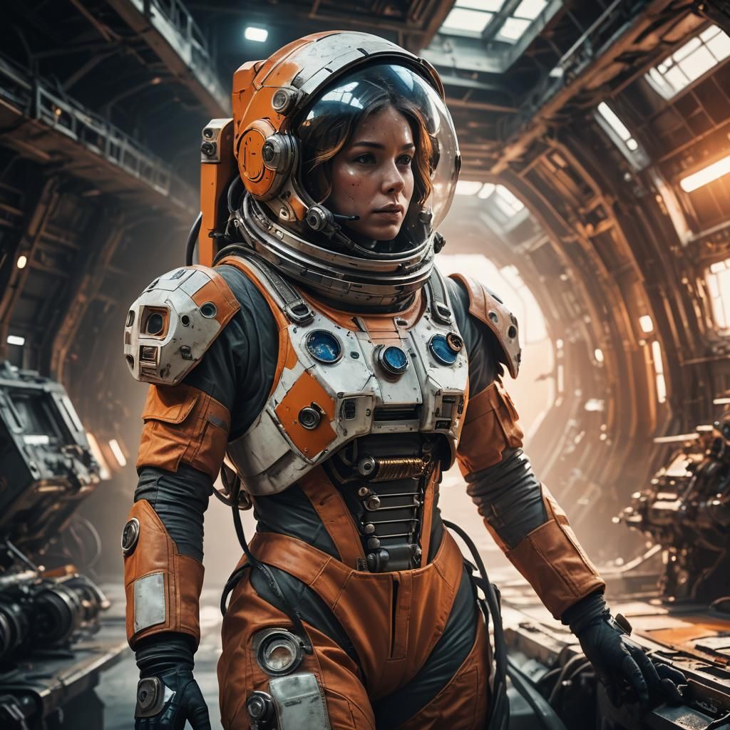 Female Astronaut Repairs Spacecraft in Industrial Sci-Fi Art