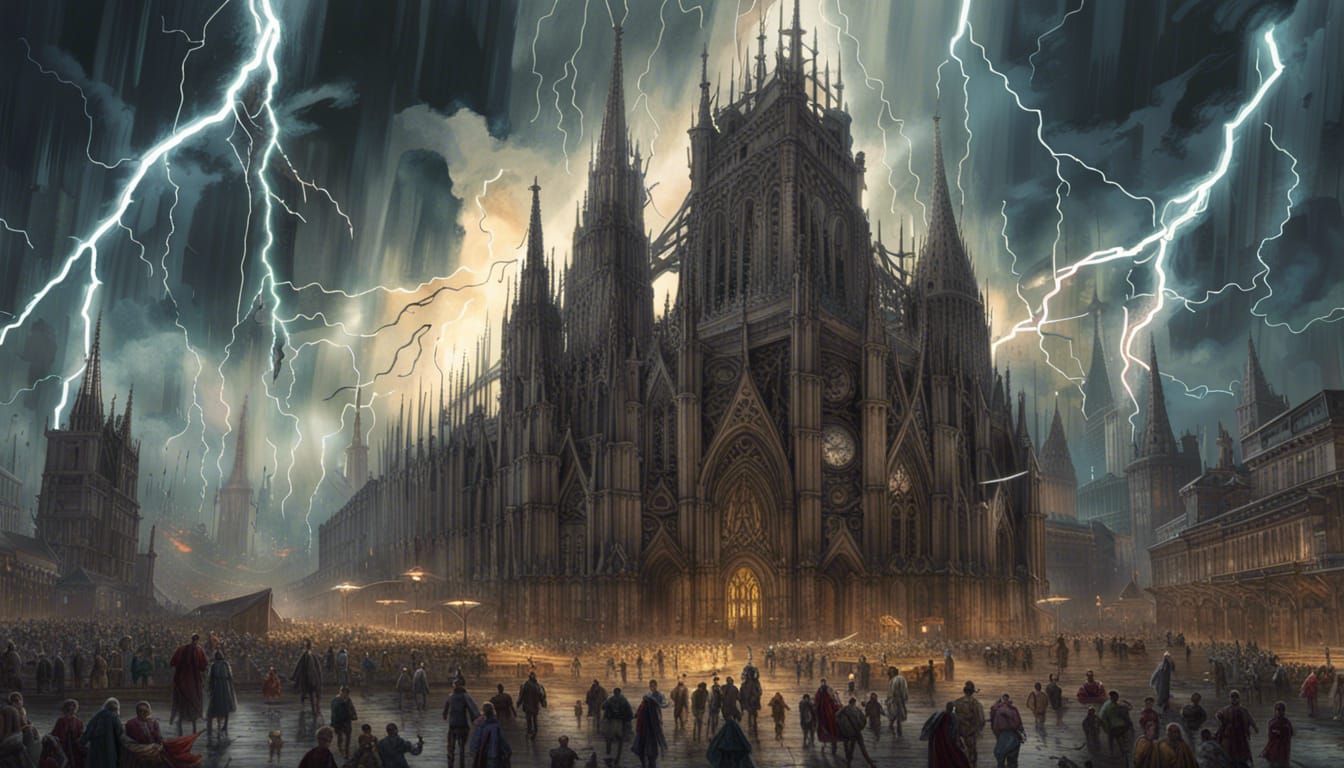 Gothic Cathedral in Cyberpunk Lightning Storm
