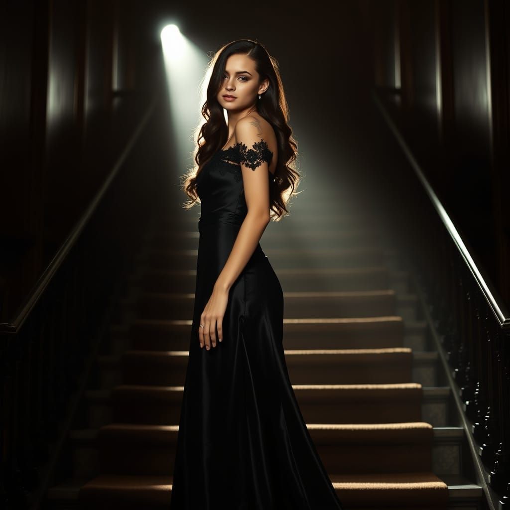 Elegant Woman in Shimmering Black Gown on Grand Staircase