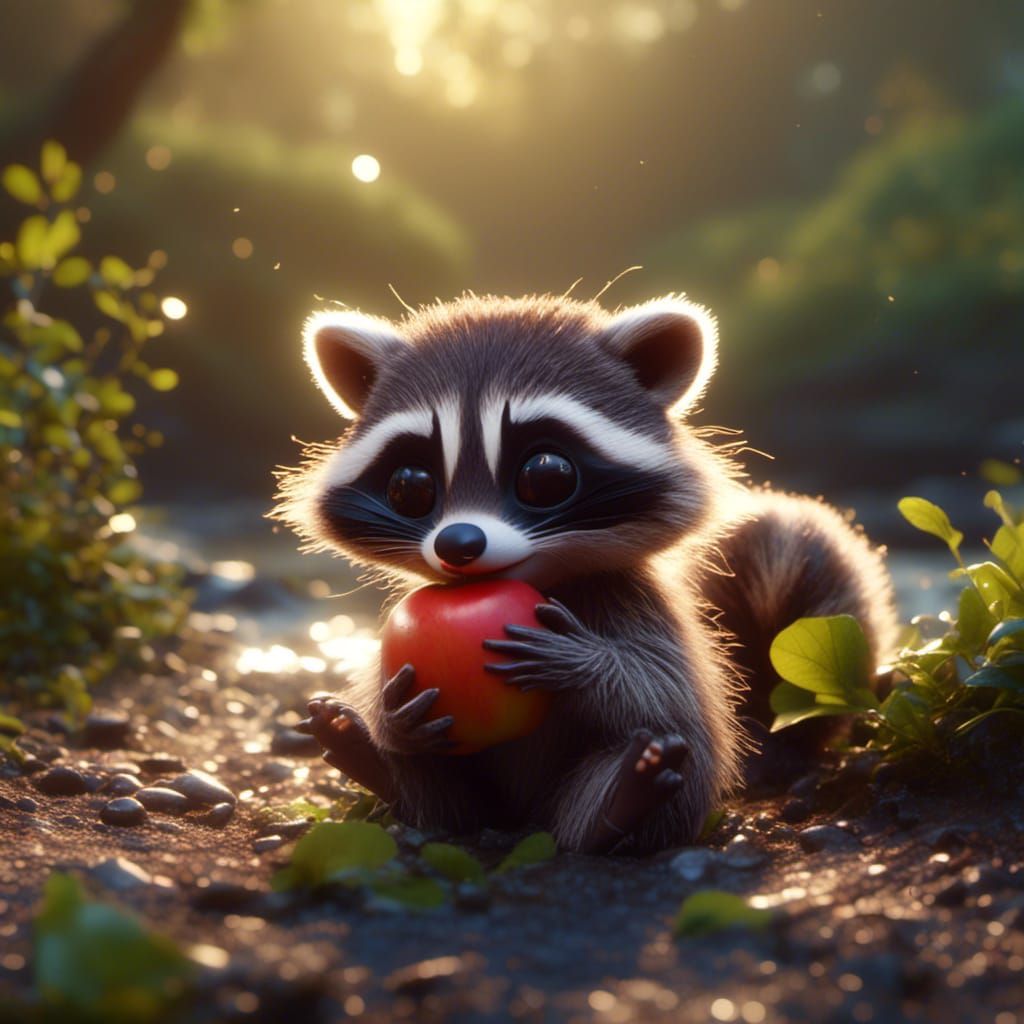 Baby Raccoon Eating Apple: 3D Digital Art