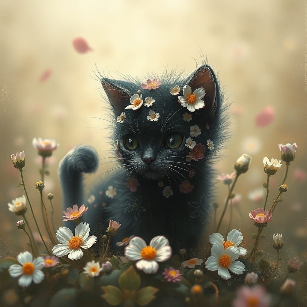 Sinister Floral Kitten: A Greg Rutkowski-Inspired Creation