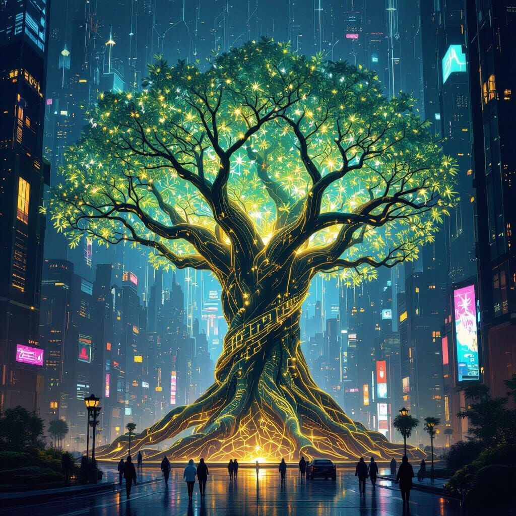 Bioluminescent Tree in Cyberpunk Metropolis, Art Nouveau Sty...