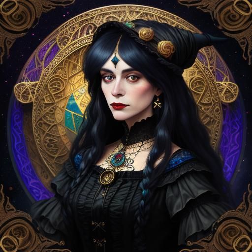 Klimt-Style Victorian Witch in Art Nouveau Frame