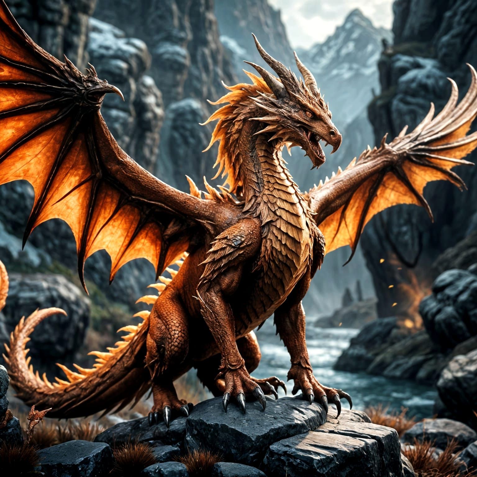 Majestic Orange Red Phoenix Dragon in Skyrim-Inspired Realis...