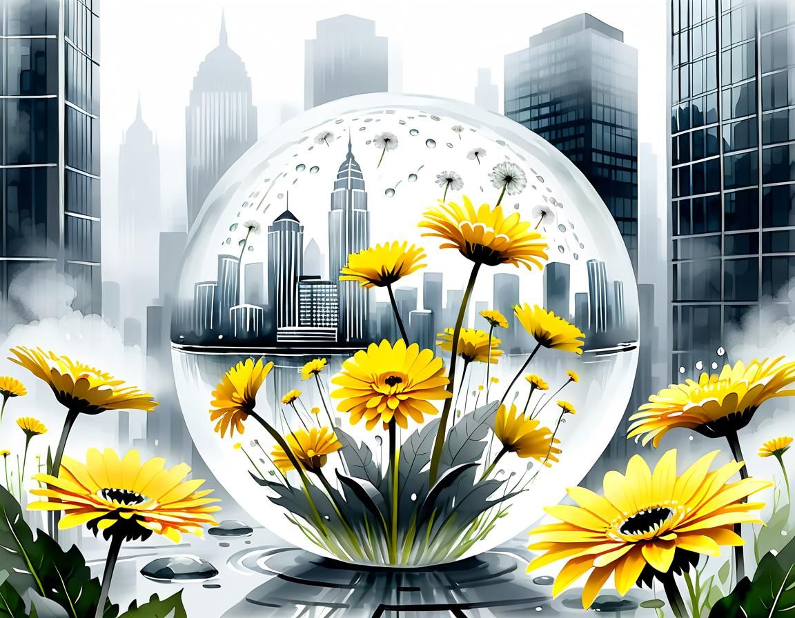 Dandelions and Daisies in Glass Sphere: Watercolour Painting