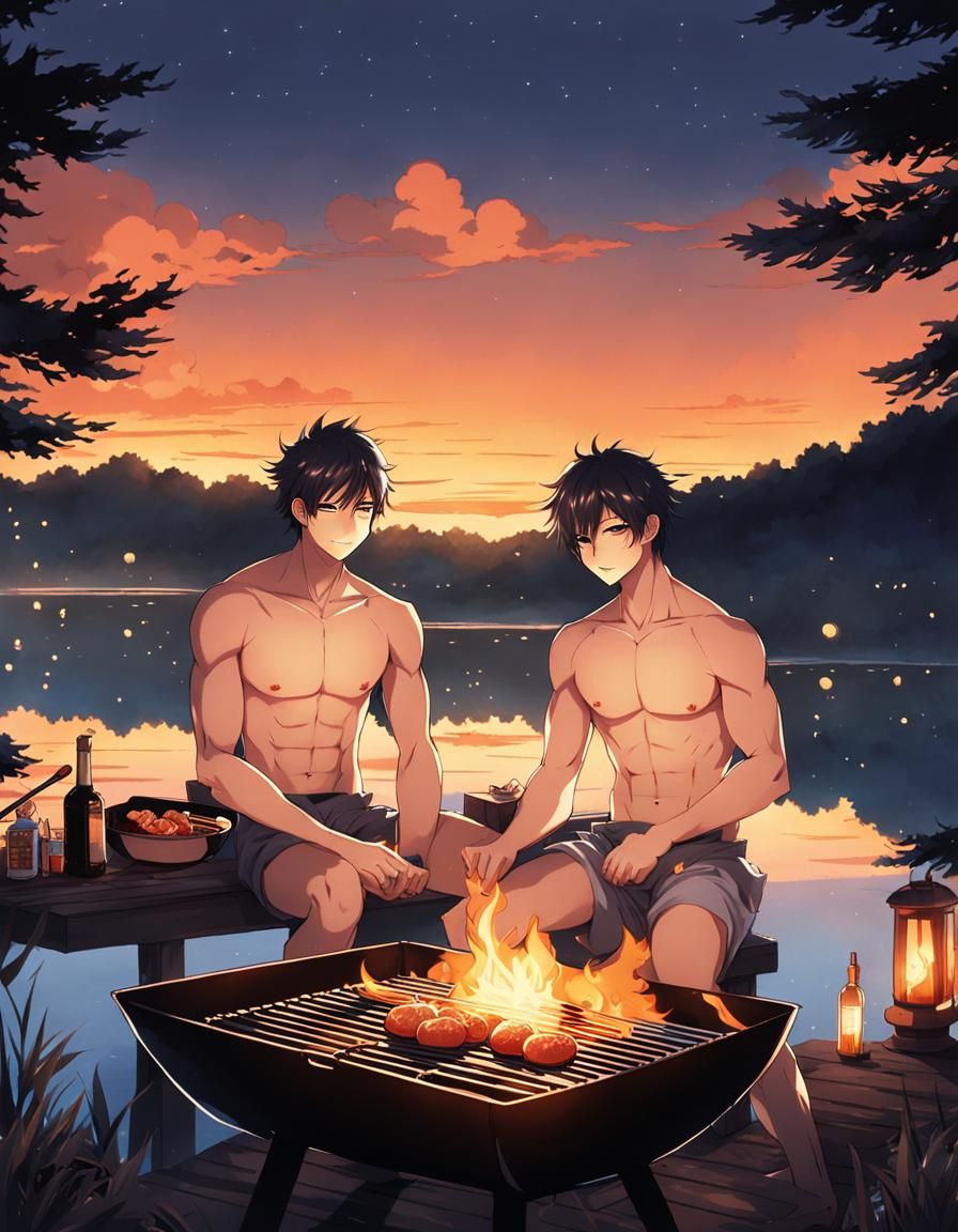 Romantic Barbecue Scene in Anime Style