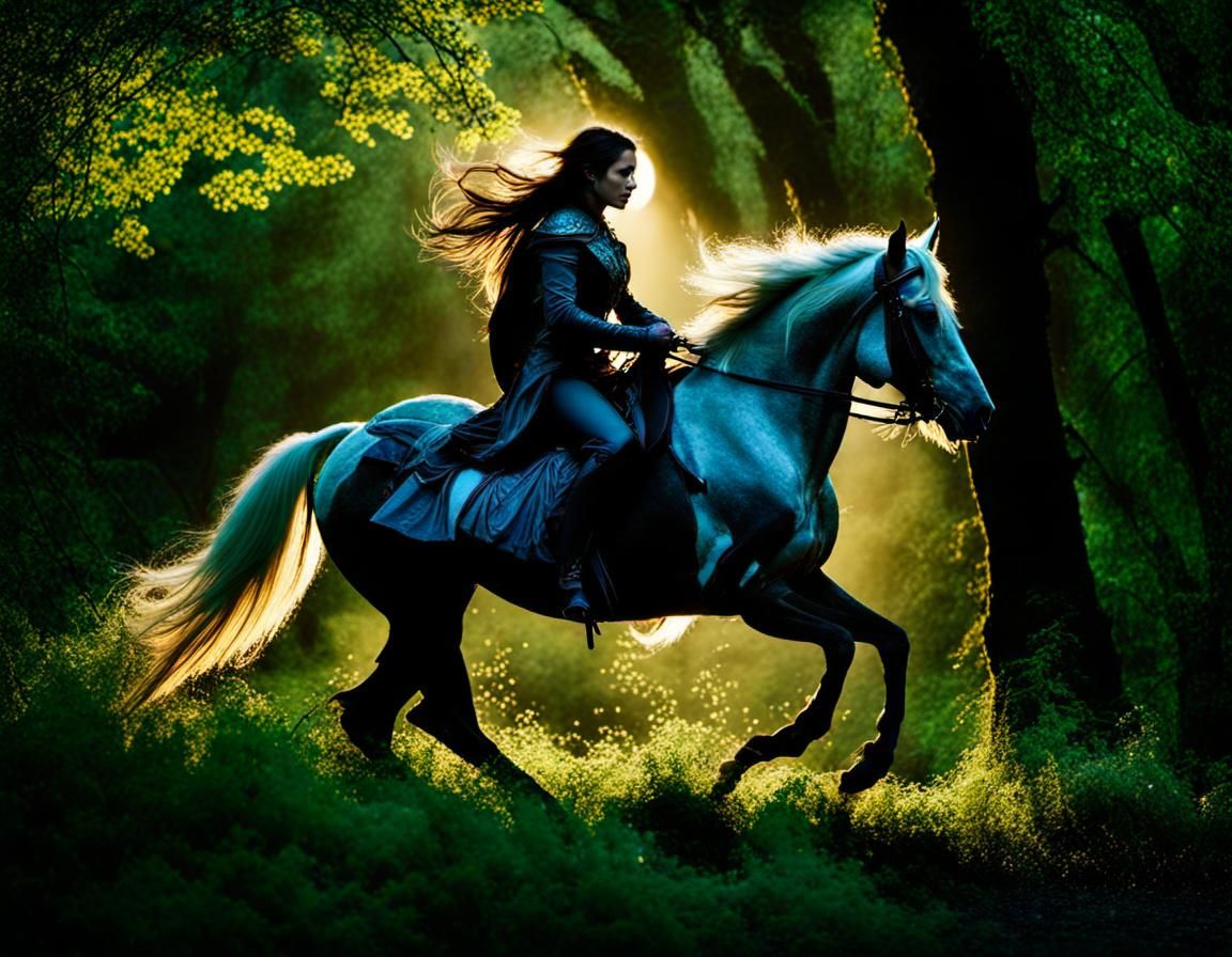 Elf Rogue on Horseback in Haunted Woodland