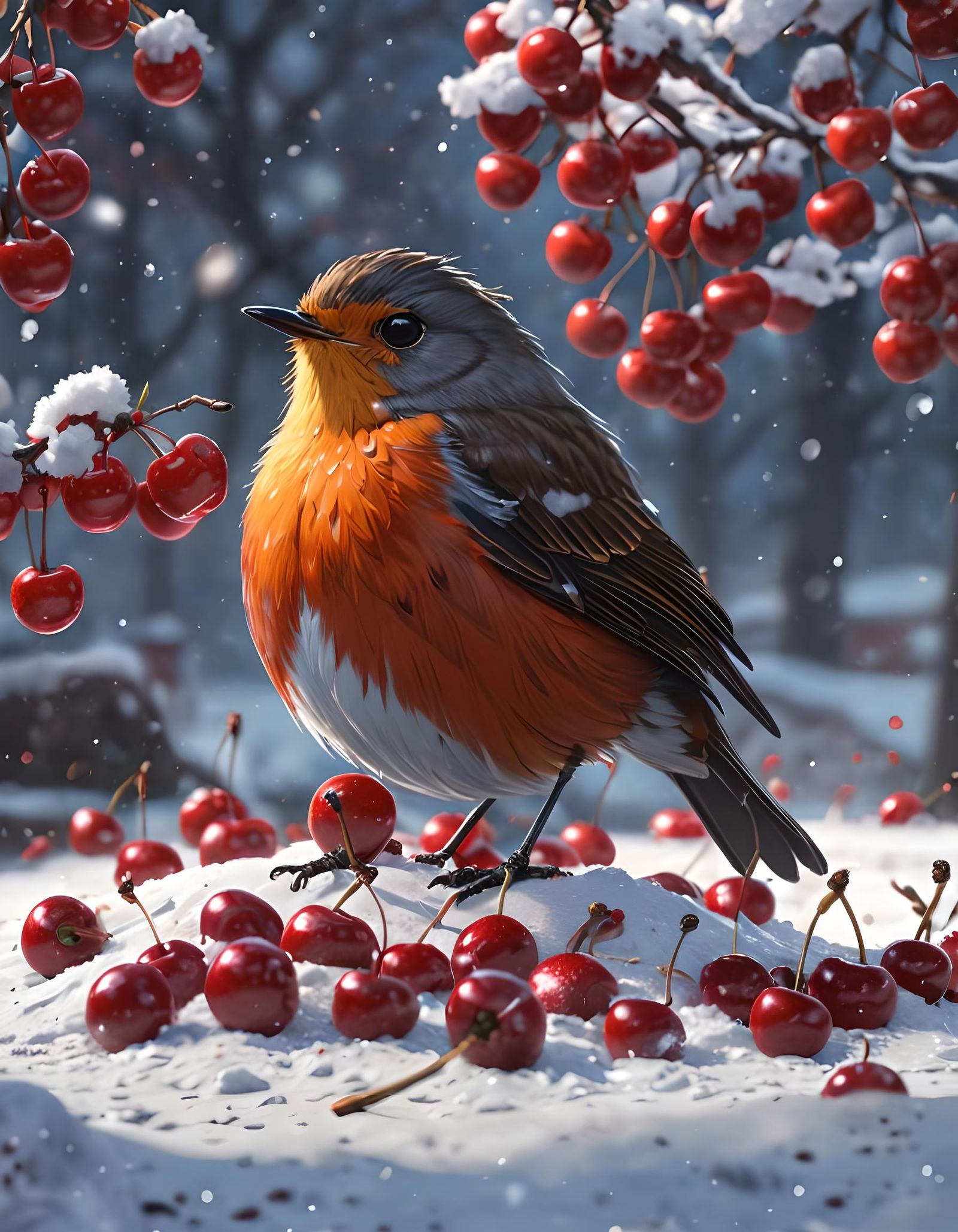 Red Robin Eating Cherries in Winter Snow