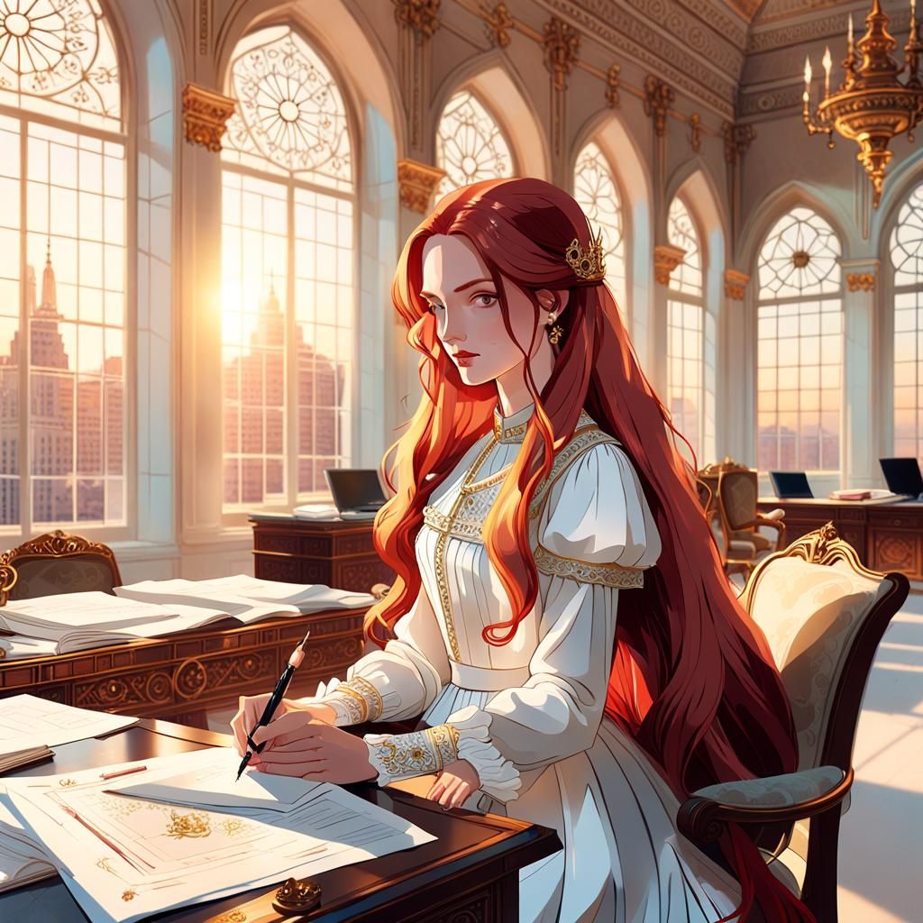 Elegant Red-Haired Duchess in Palace Office