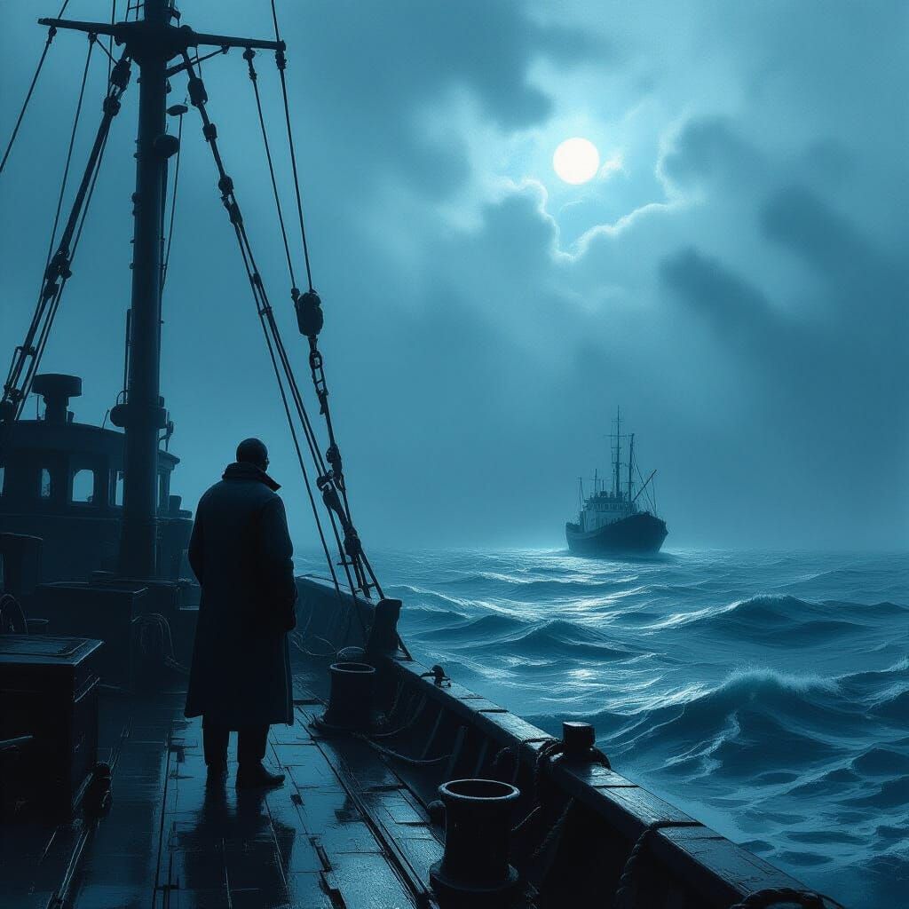 Fisherman on Ship Deck Gazing at Stormy Sea