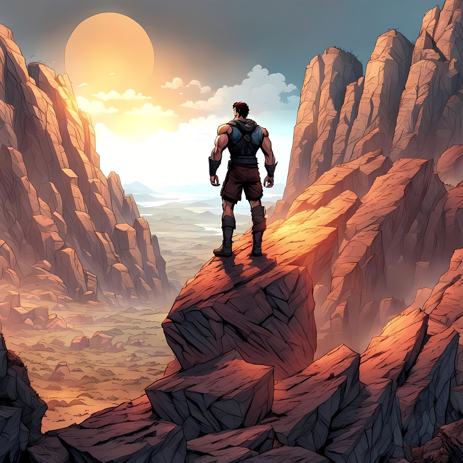 Wanderer on Rocky Terrain in Comic Book Art Style