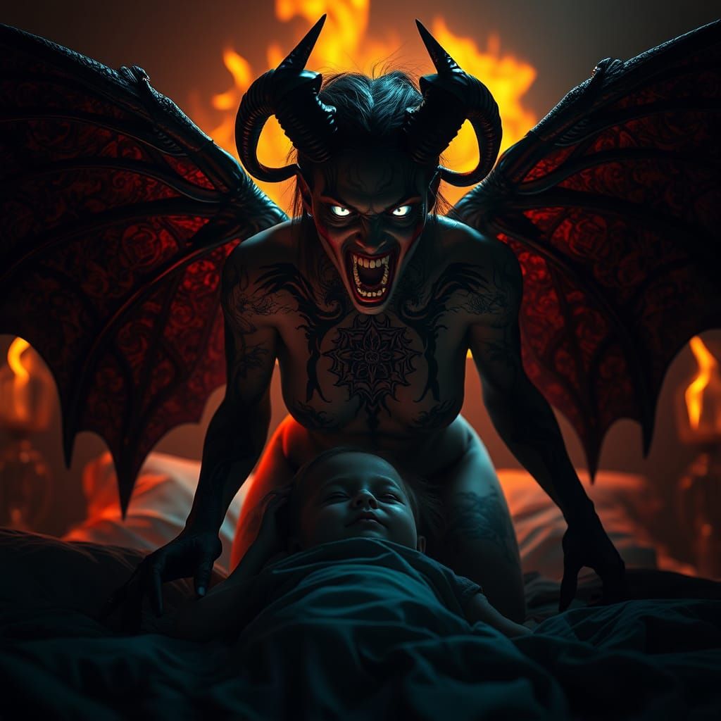 Demonic Figure Looms in the Night: Dark Fantasy Art
