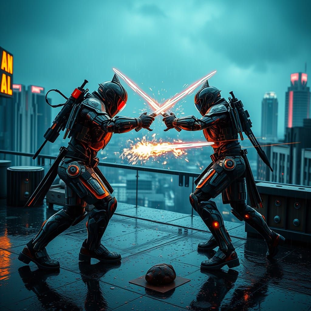 Cyberpunk Duel on a Rain-Soaked Rooftop