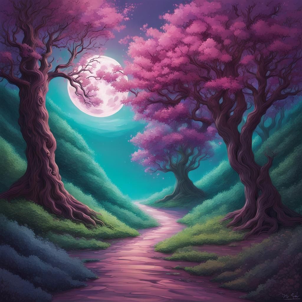 Mystical Forest Path with Colorful Trees in Moonlight