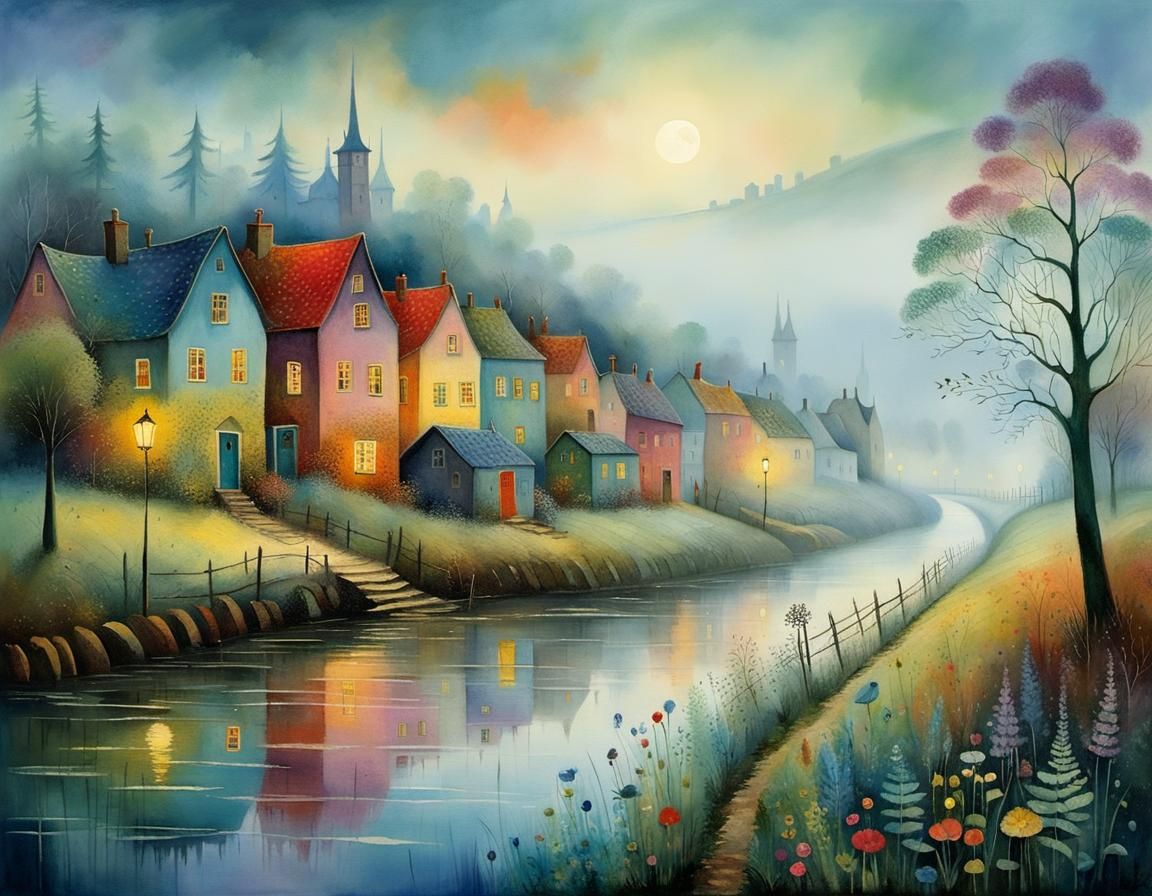 Foggy Village Twilight Walk in Whimsical Pastel Style