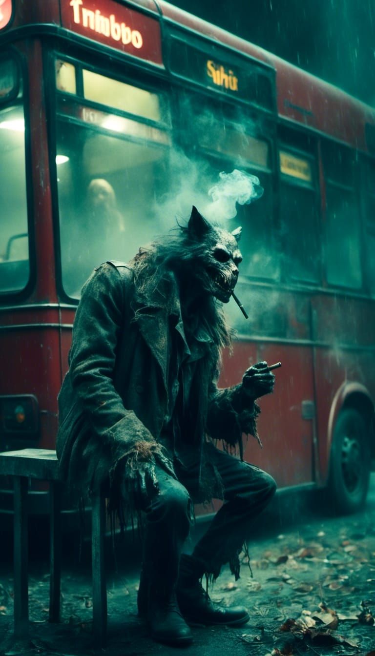 Werewolf Smoking at Bus Stop: Macabre Lora