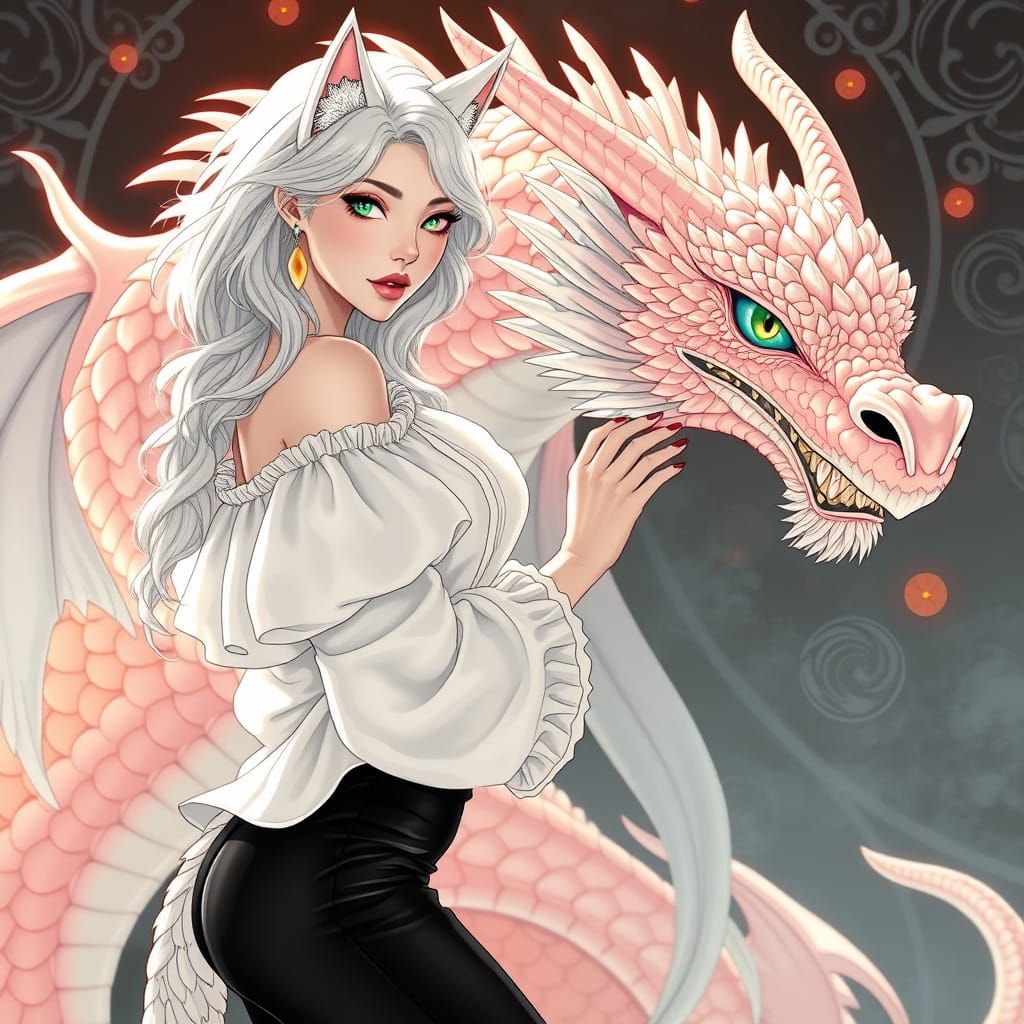 Elegant Woman Pets Majestic Pink Dragon in Black and White L...