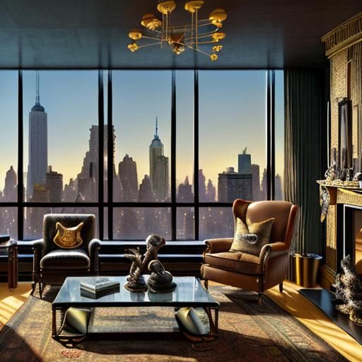 Interior of a New York penthouse. Maximalist interior design, with a view of the city skyline. Smokey the
Bear woodsy th...