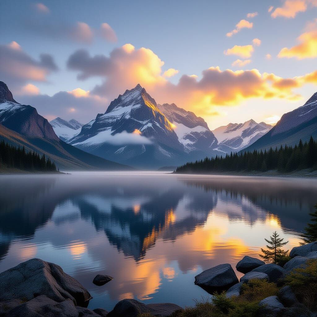 Majestic Mountain Sunrise Over Reflective Lake