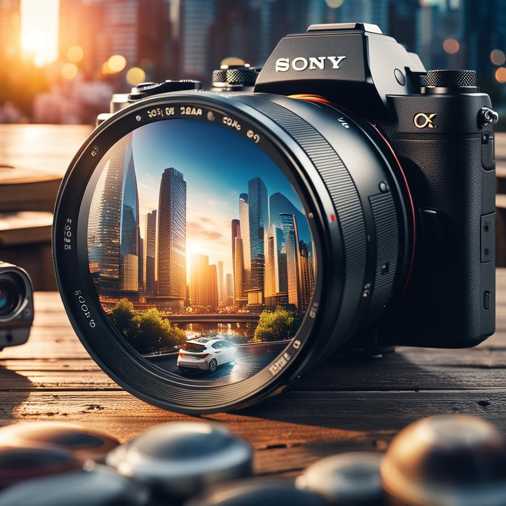 Futuristic Cityscape Reflected in Camera Lens