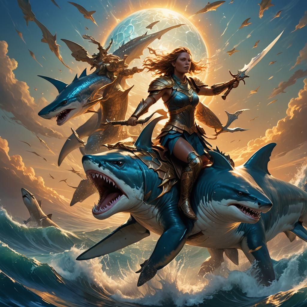 Valkyrie Rides Shark in Ethereal Fantasy Art