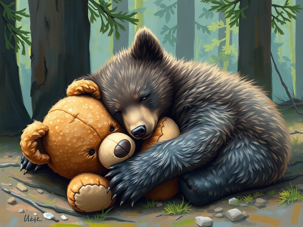 Bear cub sleeping with a small worn out forgotten teddy bear...