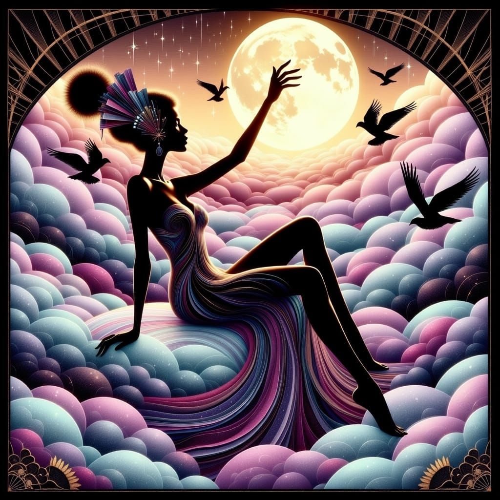 Ethereal Art Deco Goddess Reclines on Celestial Clouds