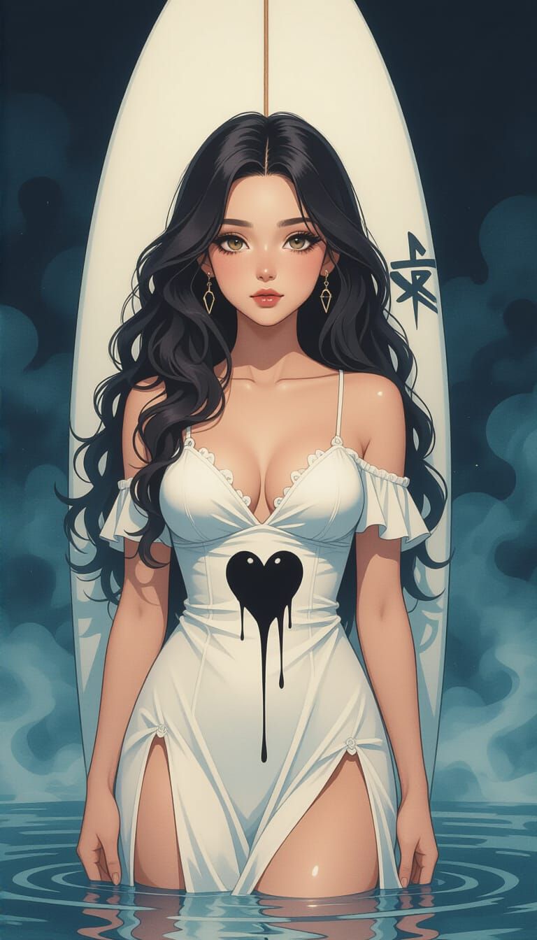 Cyberpunk Woman with Surfboard in 3D Manga Anime Style