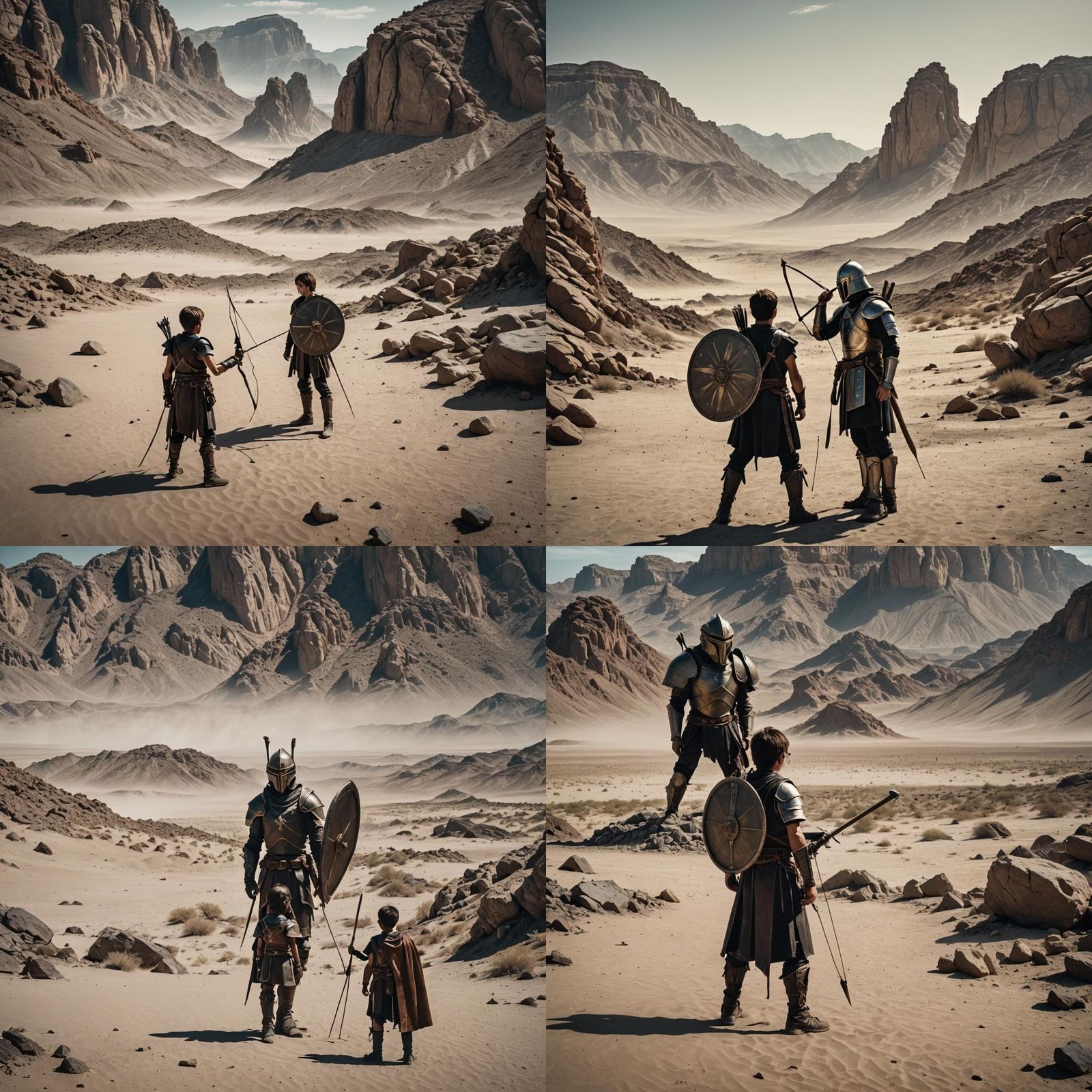 Boy vs Giant in Barren Desert: Cinematic Film Still