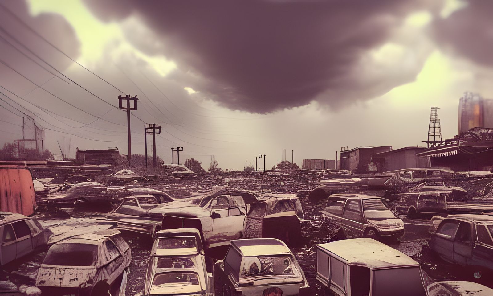 Post-Apocalyptic Scrapyard Under Thunderstorm
