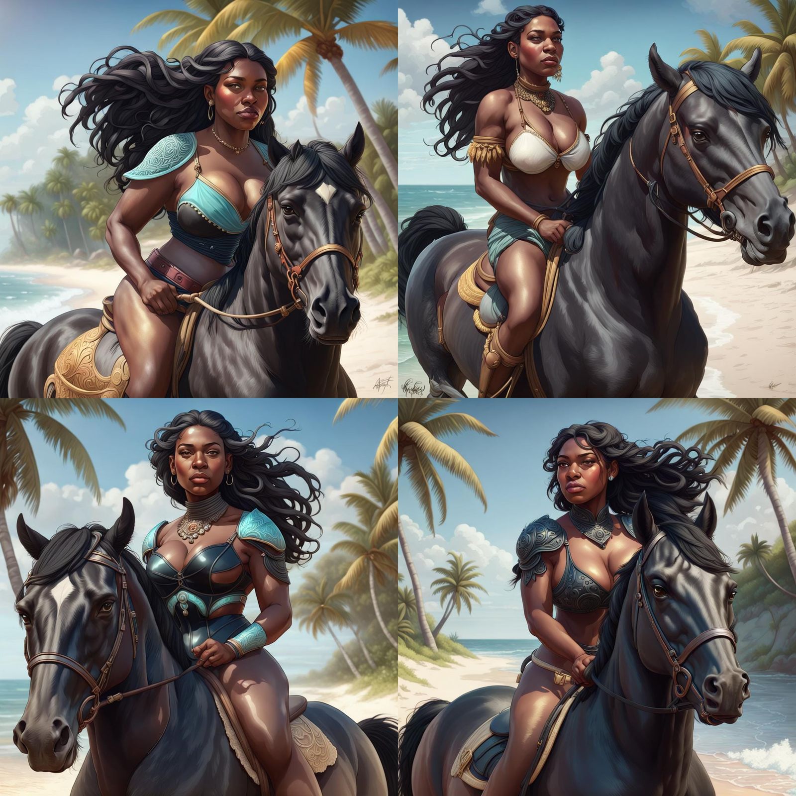 Caribbean Beach: Black Woman on Horse, Hyperdetailed Portrai...