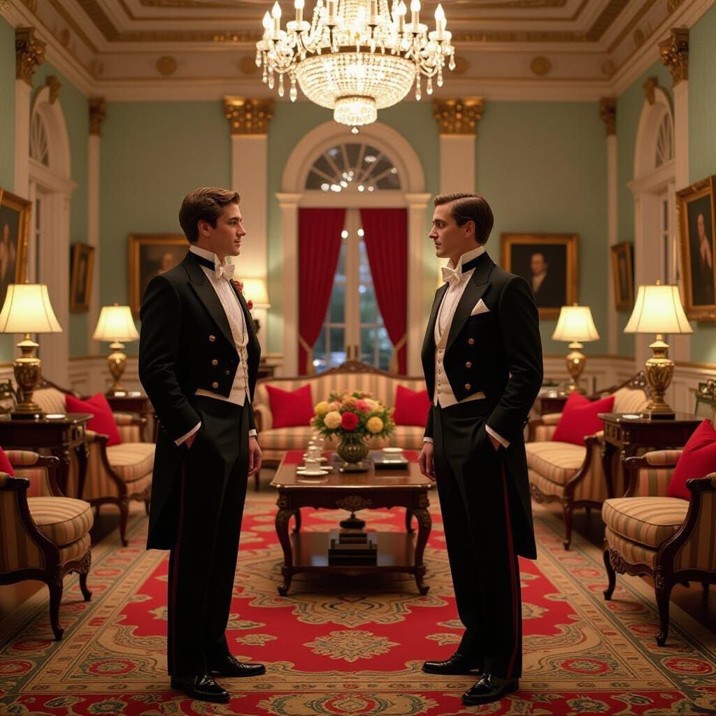 Aristocratic Gentlemen Converse in Opulent 1920s Drawing Roo...