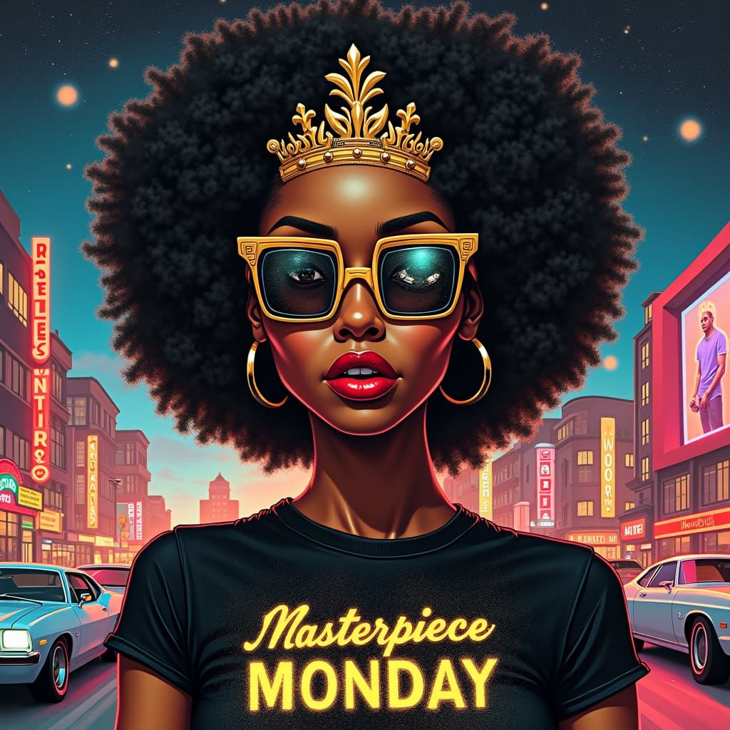 Futuristic Portrait of Woman with Afro and Gold Glasses