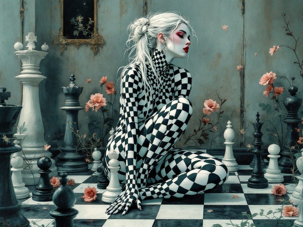 Surreal Figure in Art Nouveau Chessboard Scene