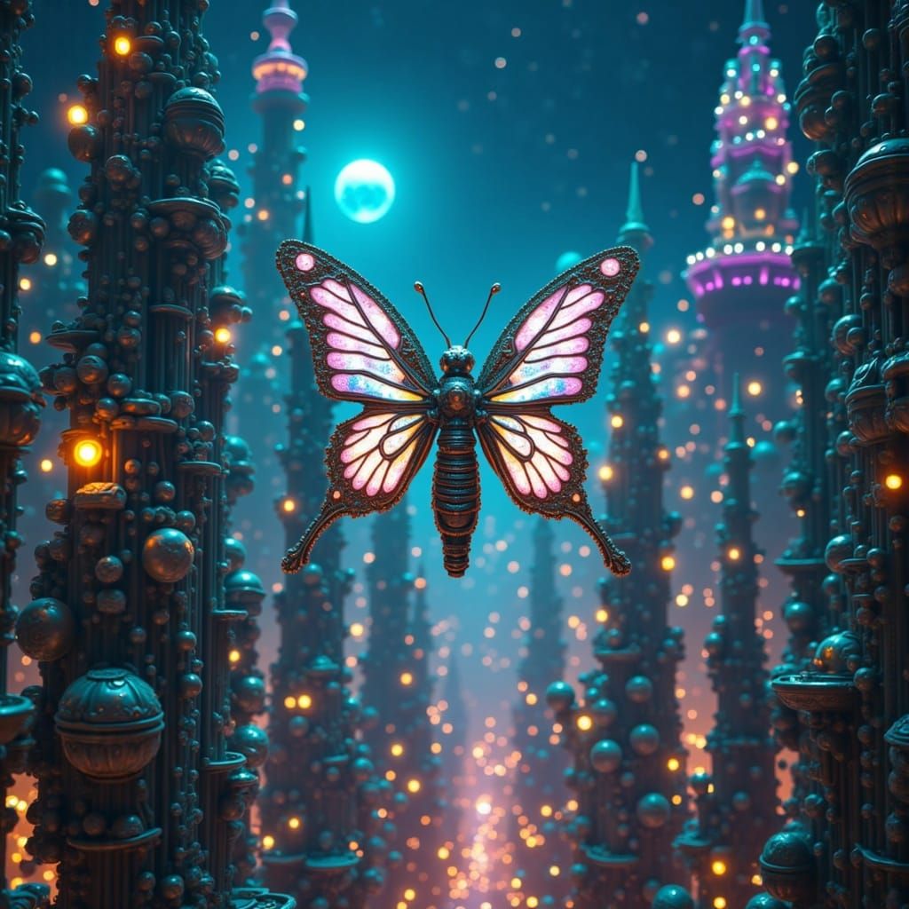Bioluminescent Clockwork Butterfly in Sci-Fi Nebula City