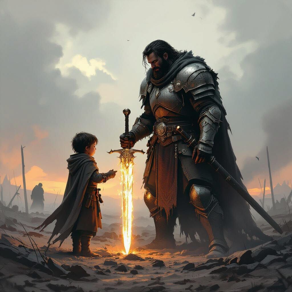 Hero Bestows Glowing Sword to Son on War Battlefield