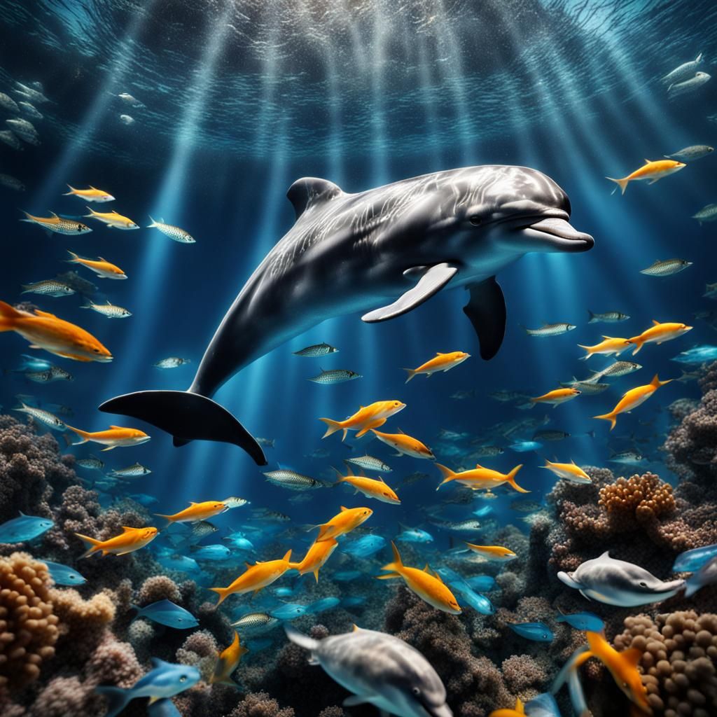 Mosaic Dolphin Underwater with Fish in HDR